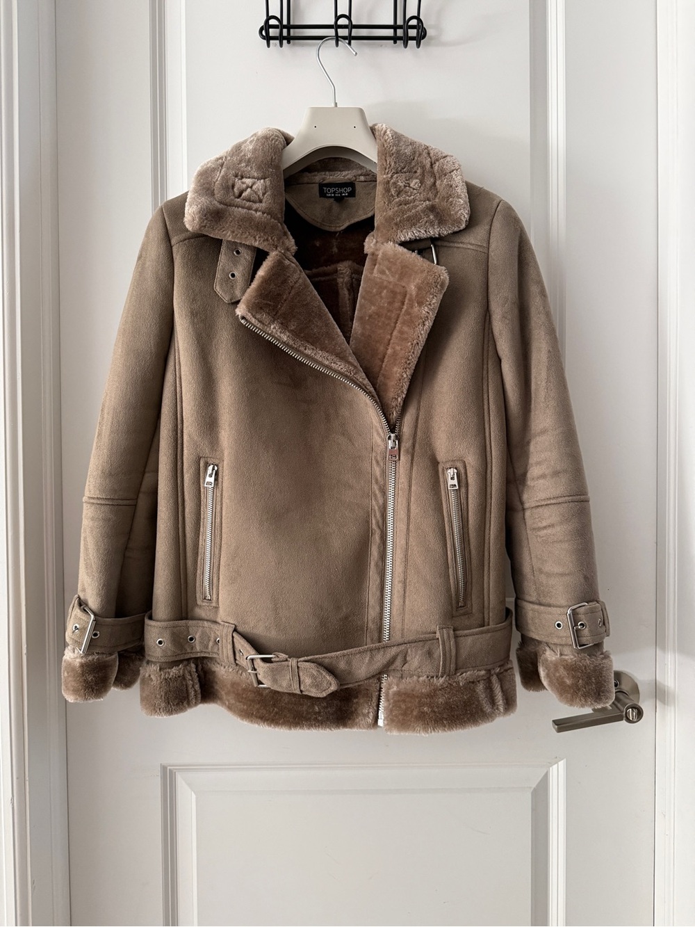 Topshop Taupe Faux Shearling Biker Jacket